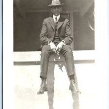c1910s Cool Man Smoking Cigar RPPC House Porch Handsome Real Photo Postcard A95 picture