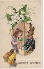 Postcard Easter Greeting Anthropomorphic Rabbit Delivering Egg to Girl Doorframe picture