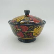 Wooden Lacquer Lidded Jar black Red Strawberry 3.5” Vintage Ukrainian Sugar Bowl picture