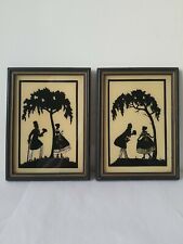 ATQ 1920-30s Art Deco Silhouette Victorian Courting Couple Reverse Painting Set picture