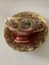 Vtg Courting Couple Heavy Gold Embossed Teacup & Saucer Set Burgundy Gold Pink picture