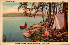 Vtg 1930s Camping on Lake Campfire Greetings Princeton Wisconsin WI Postcard picture