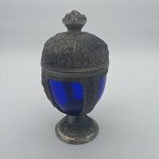 Antique Jennings Brothers Brass Spelter Chalice Cobalt Blue Glass Insert 8” Tall picture