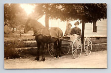 RPPC Older Man & Woman Large Horse Buggy Carriage & Home Real Photo Postcard picture