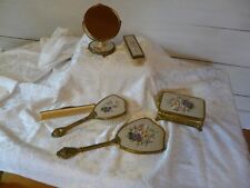 Vintage Brass Petite Point Embroidered Delina England  Dresser Set Rare 6 pc picture