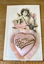 Rare Antique 1910 Valentine Pink Cupid Heart Pillow Embroidered Ephemera Craft picture