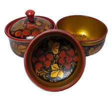 Set of Vintage Russian Khokloma Lacquered Wooden Folk Art Bowls & Jar picture
