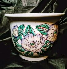 Vtg 1950s Chinese Asian Porcelain & Enamel Planter, Pot Purple Flowers 5in Tall picture