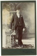 CIRCA 1880'S CABINET CARD Handsome Dapper Man Bowler Hat Peterson Gladstone, MI picture