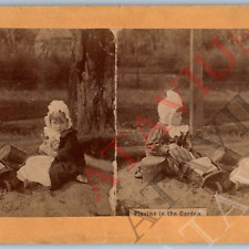c1890s Cute Little Girls Bonnets Play Sandbox Real Photo Stereoview San Toys V43 picture