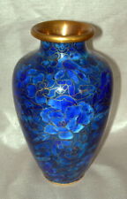 Beautiful Vintage Cloisonne Asian Vase Cobalt Blue Flowers 6.5
