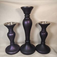 VTG Set Of 3 Candlesticks Purple & Black Satin Mercury Glass Candle Holders  picture
