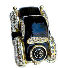 Small Enameled Rhinestone Encrusted Vintage Black Car Hinged Metal Jewelry Box picture