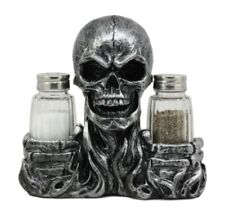 NIB DWK Halloween Gothic Grinning Skull Salt & Pepper Shaker Set Biker picture