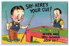 c1930's Boys Playing Billiard Pool Table When Are You Gonna Join Us Postcard picture
