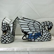 Lot (2) Tiffany Style Stained Glass Swan Table Lamps Vintage Cottage Core Mosaic picture