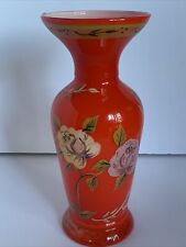 Vtg Antique Burnt Orange Encased Glass Vase~Yellow Pink Roses~10” Superb picture