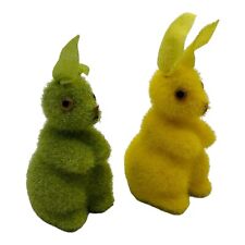 VTG Pair of Flocked Easter Bunny Rabbit Figurines Styrofoam Green Yellow 3.25
