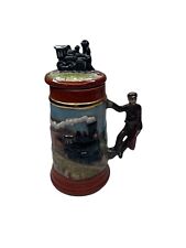 Vintage  Ceramic Beer Stein, Train on Lid, Conductor on Handle picture