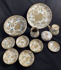 Authentic 1950’s Japanese Clay Pottery Tableware In Brown, White And Dark Green picture