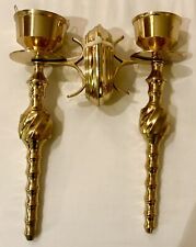 Vintage Pair Solid Lacquered Brass Wall Sconce Candlesticks 10” Made in India picture