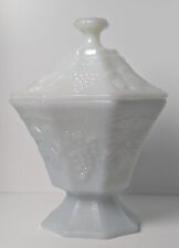 Vintage Westmoreland Pedestal Candy Bowl with Lid White Milk Glass Grapes Leaves picture