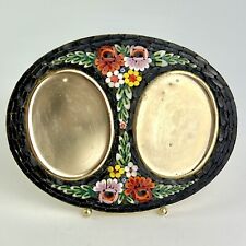 Vtg Handmade Micro-Mosaic Black Floral Double Oval Mini Picture Frame Brass picture