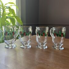 Set of 4 Vintage 🎄 Christmas Garland Gold Rim Glass Mugs Footed Irish Coffee picture