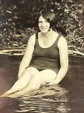 PH Photo Pretty Woman One Piece Bathing Suit Sits In Water Short Hair 1920-30's picture