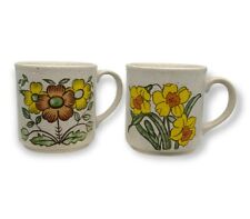 Set Vtg 70's Otagiri Speckled Stoneware Coffee Mugs Floral Japan Retro Daffodils picture