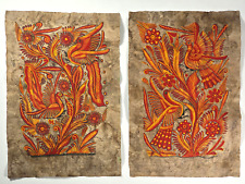Matching Set of 2 Mexican Folk Art Floral Bird Paintings on Amate Bark Mexico picture