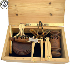Masonic Standard Working Tools Set Gold Full Size Pine Wooden Box Gavel + Plate picture