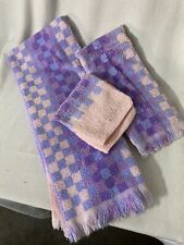 Vintage MCM Cone Towels Set Fringe Pink Purple Checkerboard Pattern  USA picture