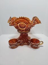 VTG Imperial Hobstar & Arches Ruffled Marigold Carnival Glass Punch Bowl 2 Cups picture