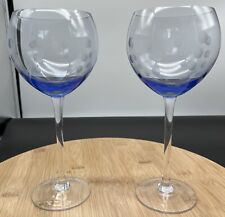 Beautiful Pair Of Blue Bohemian Balloon Style Wine Glasses Etched W/ Polka Dots picture
