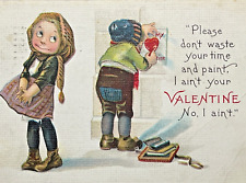 Valentine Postcard Bashful Pretty Girl Boy Writing Valentine Children 1915 VG picture