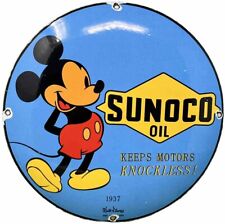 VINTAGE SUNOCO DISNEY MICKEY MOUSE PORCELAIN SIGN PUMP PLATE GAS STATION OIL picture