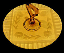 Vintage Amber Etched Flower Depression Glass Serving Plate with Handled Tidbit picture