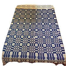 Antique Blue Beige Coverlet Hand Woven Reversible Loom Spread 1800's picture