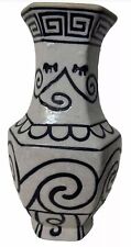 Pottery Vase Ancient AnimalCrackle Blue Scroll Amphora Hexagon Shape Native 14” picture