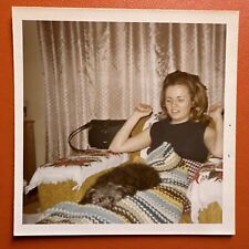 VINTAGE PHOTO pretty woman rumpled old dog, funny 1970s ORIGINAL Color Snapshot picture