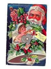 Early 1900's Christmas Postcard Santa, Cherub, Bell, Xmas Seal 1952 Embossed picture