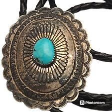 VERY INTRICATE VINTAGE NAVAJO CONCHO STERLING SILVER Bisbee Turquoise BOLO TIE picture