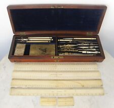 EXCEPTIONAL DRAFTING SET Brass Tools 6 Bone Rulers 2 Levels Mahogany Case 1800's picture