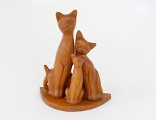 Three Vintage Wooden Cat Figurines Cat Family Hand Carved picture