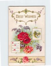 Postcard Best Wishes Happy Days and Many with Roses Flowers Embossed Art Print picture