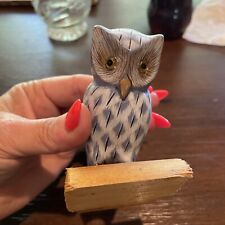 Vintage 60’s Blue Carved Hand Painted Wooden Owl On A Log 3.5” Tall picture