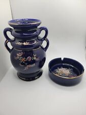 Vintage Kutani Japan Double Handled Hand Painted Cobalt Ceramic Vase & Ashtray picture