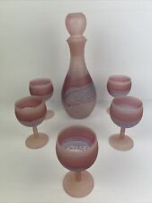 Rueven Vintage Nouveau Art Glass Pink Frosted 29cm Decanter & wine glasses MCM picture