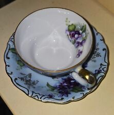 Vintage Lefton (?) Footed Demitasse Cup & Saucer Purple Violets on Blue - HTF picture